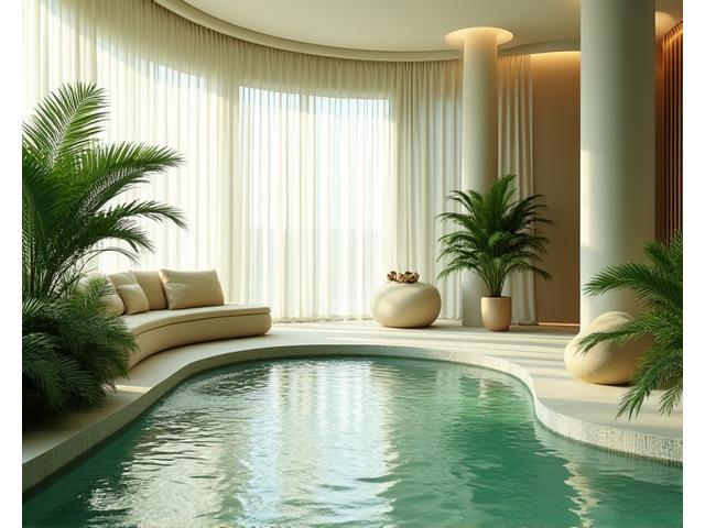 Softly lit serene spa reception area with a water feature, reflecting tranquility and luxury.