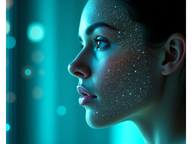 Digital interface showing AI skin analysis results with overlays of skin conditions on a face.