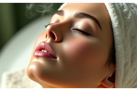 Close-up of a steaming hot towel being applied to a person's face during a classic European facial.