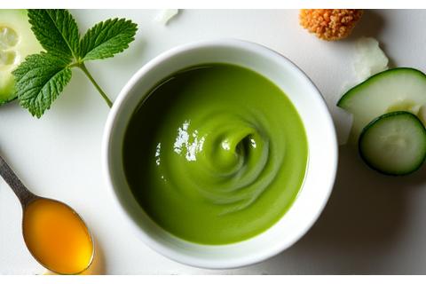 Assortment of vibrant, fresh organic ingredients like avocado, cucumber, and honey next to a mixing bowl for a custom mask.