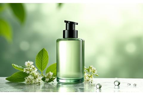 Elegant glass bottle of organic serum with natural botanical ingredients scattered around it.