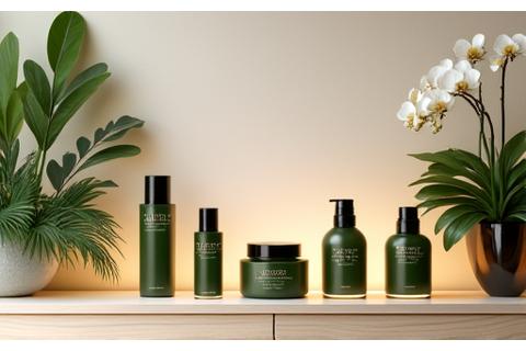 Beautifully arranged shelf displaying elegant organic skincare products in a serene retail setting.