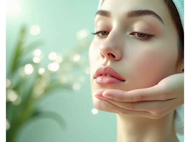 Close-up of a woman receiving a luxurious facial with advanced aesthetic technology and natural botanicals visible.