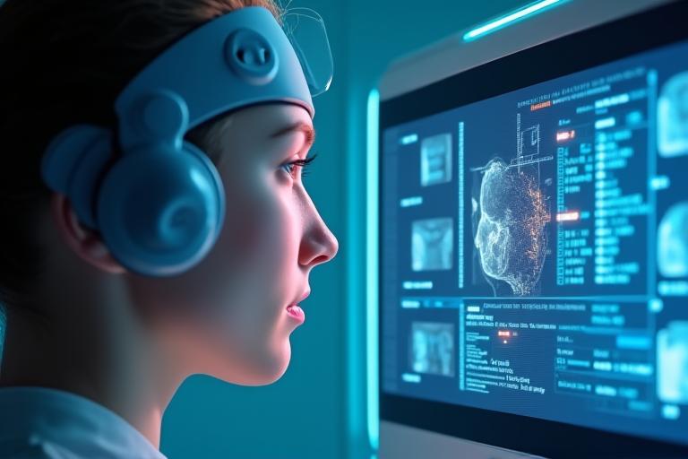 Close-up of a high-tech AI skin diagnostic device scanning a face, showing data on a screen