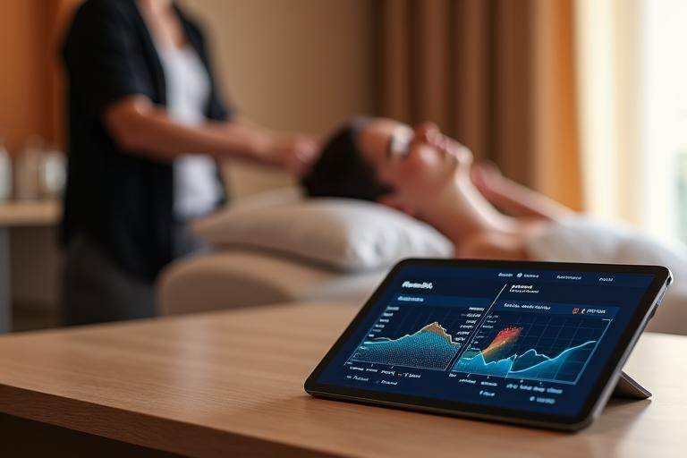 Modern consultation desk with a tablet displaying biometric data, subtly showing a client and specialist