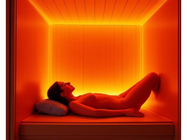 Person relaxing in a state-of-the-art far-infrared sauna with soft ambient lighting