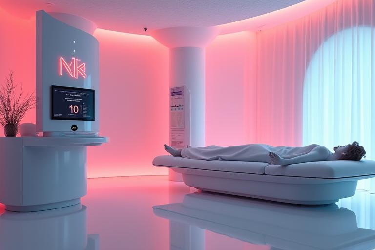Modern biohacking treatment room with glowing high-tech equipment