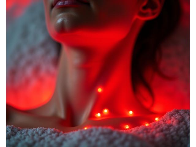 A person receiving red light therapy, focusing on facial skin, with gentle red glow