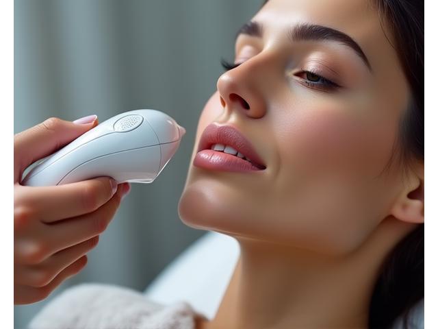 Close-up of a person receiving non-invasive radiofrequency treatment on their face, showing gentle device contact on skin