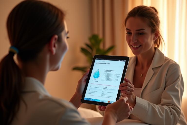 A spa specialist reviewing a digital wellness chart on a tablet with a client, demonstrating a personalized plan