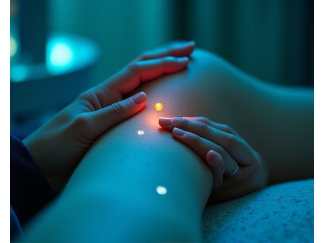Subtle light arrays focused on a specific body area for recovery, showcasing advanced photobiomodulation