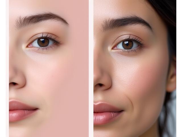 Split image showing noticeable skin improvement before and after a high-tech skincare regimen