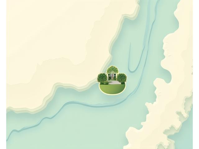 Artistic rendering of a map showing Serene Oasis Spa's location in Miami with surrounding landmarks and gentle waterways.