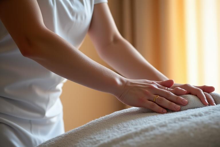 A spa professional gently assisting a client with a physical limitation onto a specialized treatment bed, demonstrating care and adaptive techniques.