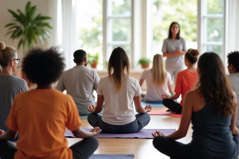 A lively community wellness workshop in Miami, featuring people of all ages and backgrounds participating in gentle exercises or mindfulness, with a speaker at the front.