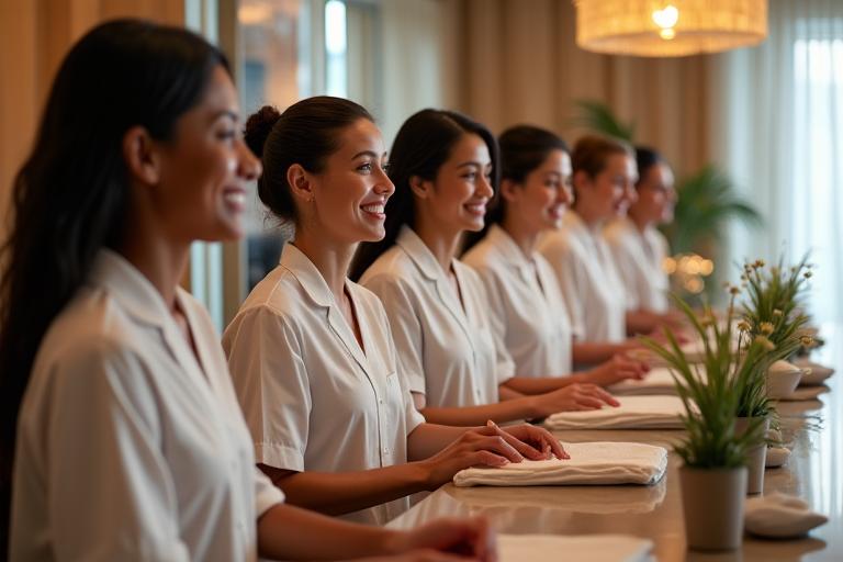 A diverse group of spa professionals, smiling and engaging with clients of various cultural backgrounds, in a welcoming reception area, representing Miami's diversity.