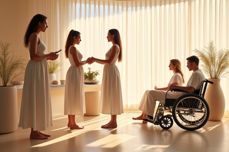 A diverse group of calm individuals engaging in spa activities, including someone in a wheelchair experiencing a serene moment, all within a beautifully designed, accessible spa environment.