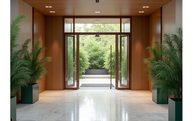 Wide, easily accessible spa entrance with automatic doors and a gentle ramp, designed for wheelchair access.
