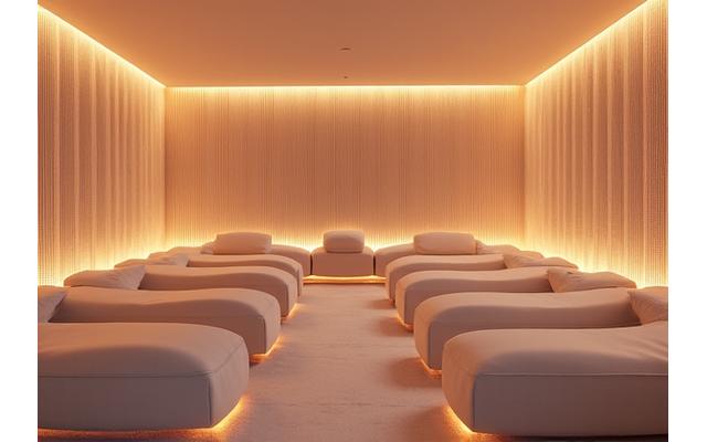 A serene spa relaxation lounge with dimmable lighting, noise-canceling features, and comfortable seating, optimized for sensory accommodation.