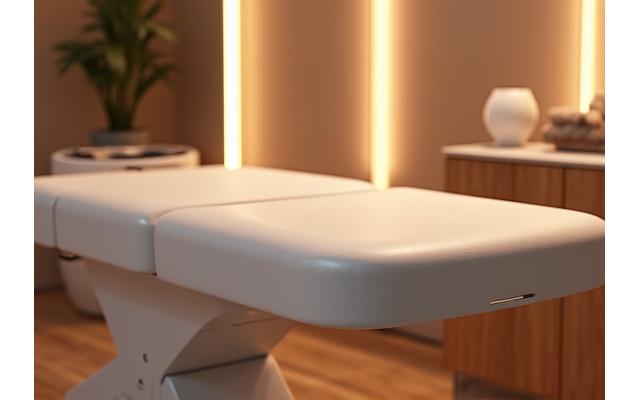 Adjustable height treatment table with accessible features in a serene spa room, ready for a therapeutic massage.