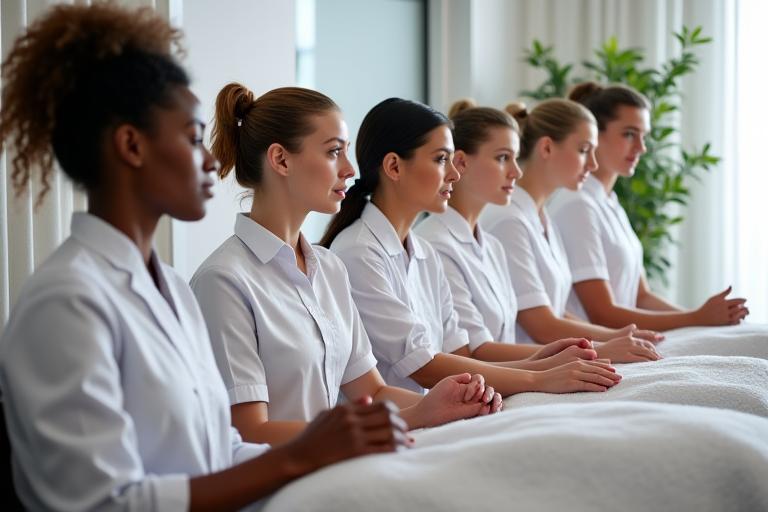 A smiling, diverse group of Serene Oasis Spa staff members, in professional spa attire, participating in an inclusive care training session, demonstrating attentive listening and engagement.