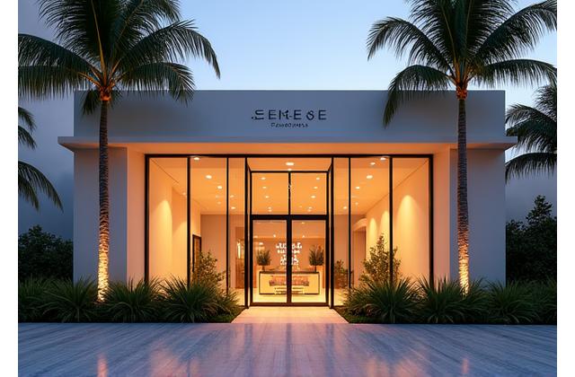 The elegant, modern exterior entrance of Serene Oasis Spa at sunset in Miami