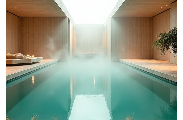 A luxurious, steaming hydrotherapy pool with elegant stone accents and soft lighting