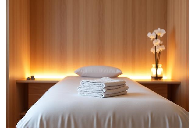 A tranquil private massage room with soft lighting, a comfortable massage bed, and calming decor