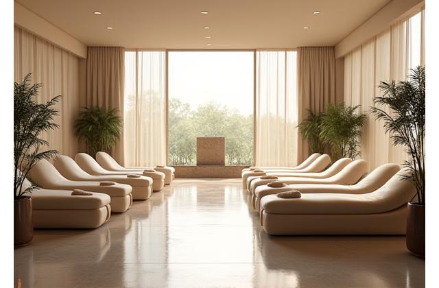 A spacious, calm relaxation lounge with plush recliners, warm lighting, and a view of lush greenery