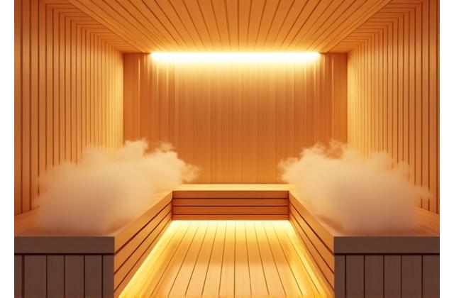 A modern, minimalist sauna made of light wood with soft LED lighting