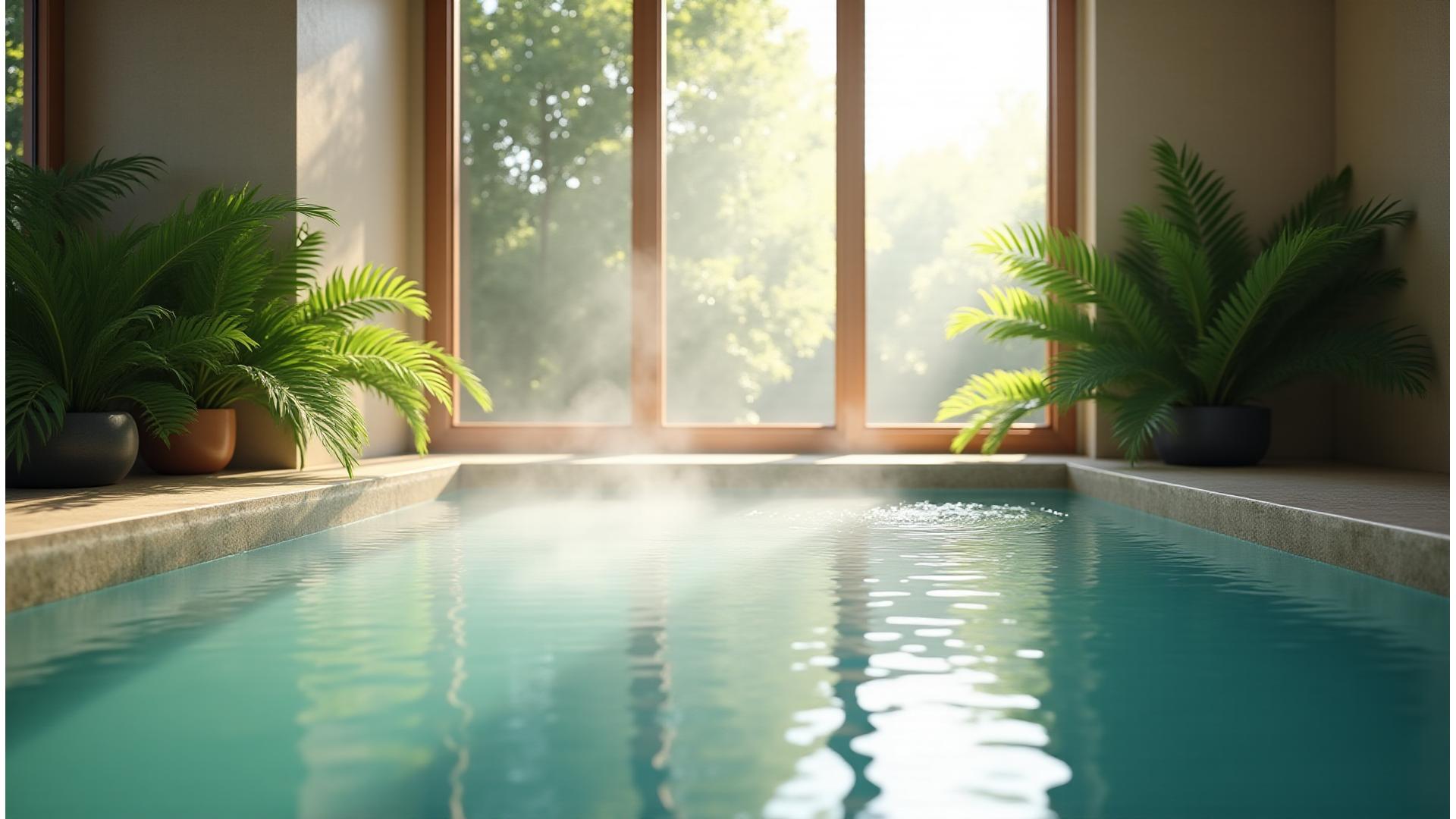 Tranquil hydrotherapy pool with gentle steaming water and lush tropical plants in a luxurious spa setting