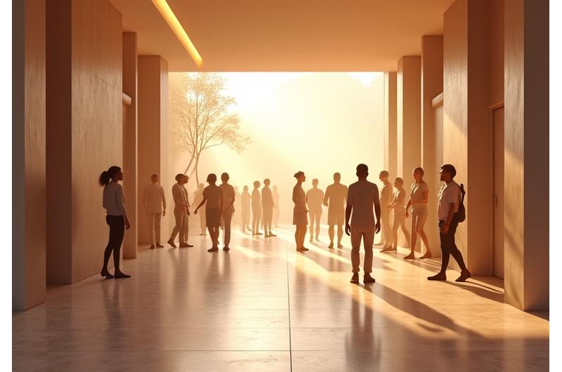 A diverse group of people enjoying a spacious, accessible modern spa environment, embracing inclusivity