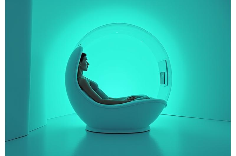 A person in a futuristic wellness pod with soft glowing lights, representing biohacking