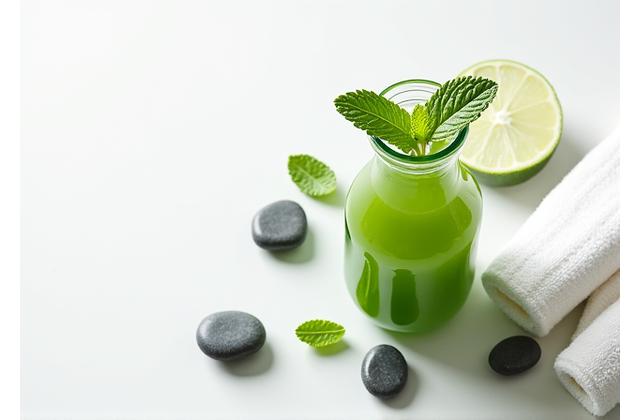 A refreshing green juice next to a towel and spa essentials, symbolizing detox
