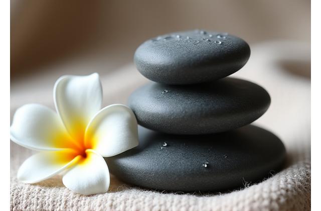 Spa therapist placing a hot stone on a zen setup