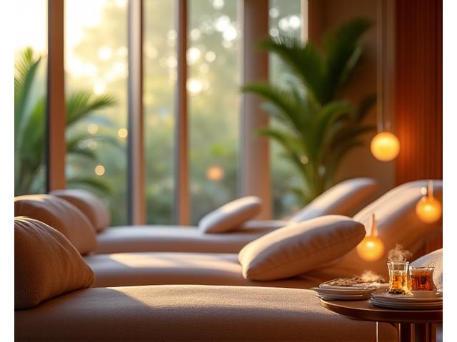 A tranquil spa relaxation lounge with comfortable seating and soft lighting