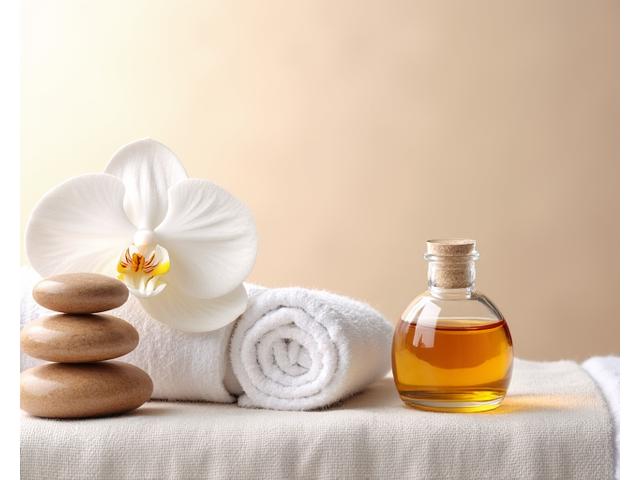 A stack of smooth, warm spa stones next to a blooming orchid, signifying curated packages