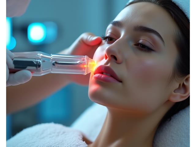 A woman receiving a high-tech facial treatment with LED light