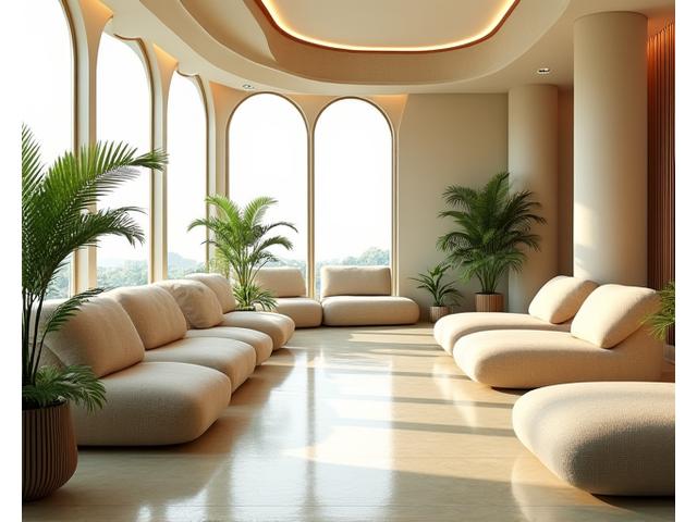 Luxurious and serene spa relaxation lounge with ambient lighting and comfortable seating