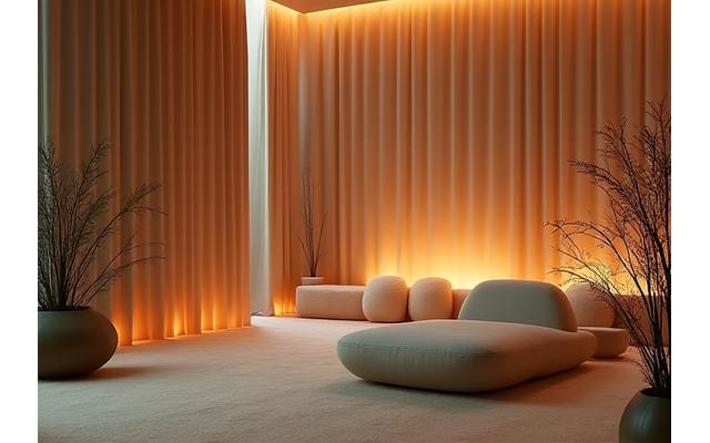 Quiet meditation lounge with plush seating and soft, warm lighting