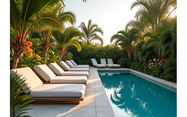 Outdoor relaxation terrace overlooking a lush Miami garden with comfortable loungers