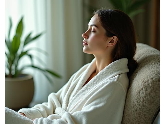Woman enjoying a quiet moment of relaxation after a spa treatment in a tranquil lounge