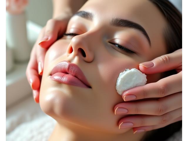 Close-up of a woman receiving a luxurious facial, with gentle hands and high-quality skincare products, emphasizing radiant skin