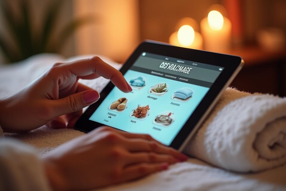Hands digitally assembling a spa package on a tablet screen, showing various treatment icons like massage, facial, and hydrotherapy, with a serene spa background