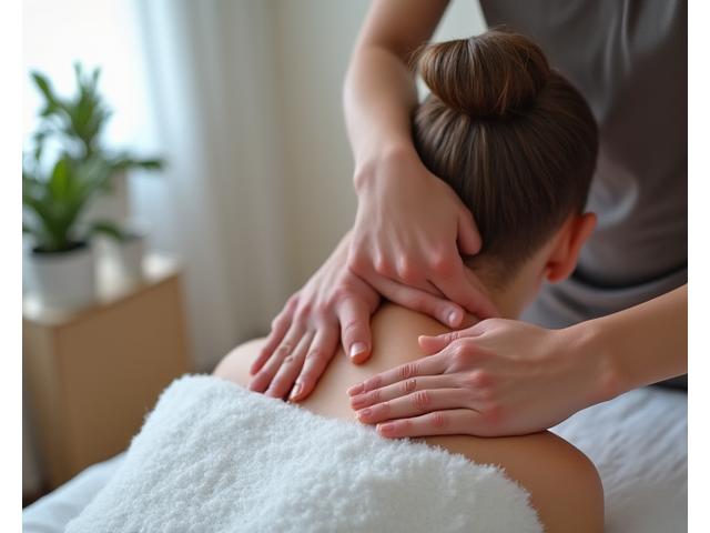 Person's shoulders and neck being massaged in a serene, modern spa setting, suggesting quick relief for busy professionals