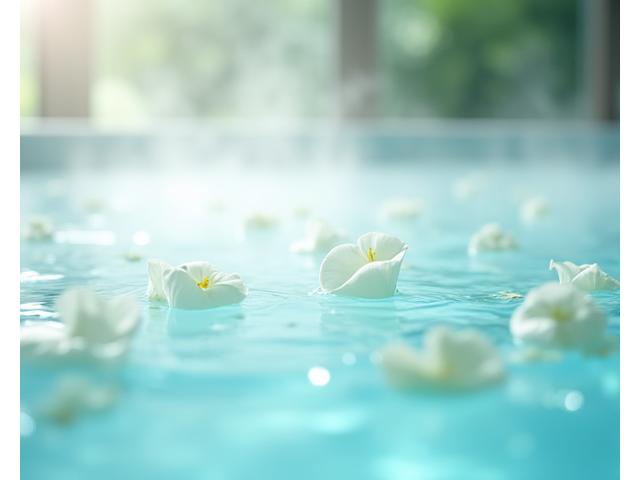 Serene hydrotherapy pool with gentle lighting and floating petals, representing tranquility