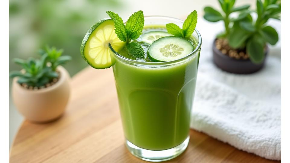 Clear glass of green detox juice with fresh herbs and a cucumber slice, on a spa wooden table, symbolizing renewal and healthy detox