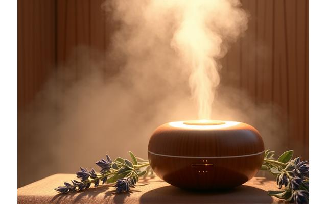 Close-up of essential oil diffuser in a steamy room.