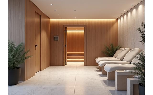 Spacious, clean modern sauna with natural wood and elegant lighting.