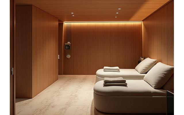 Luxury private spa suite with a sauna and relaxation area for two.